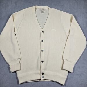 VINTAGE Izod Sweater Mens Small Ivory Acrylic V-neck Cardigan Logo Grandpa